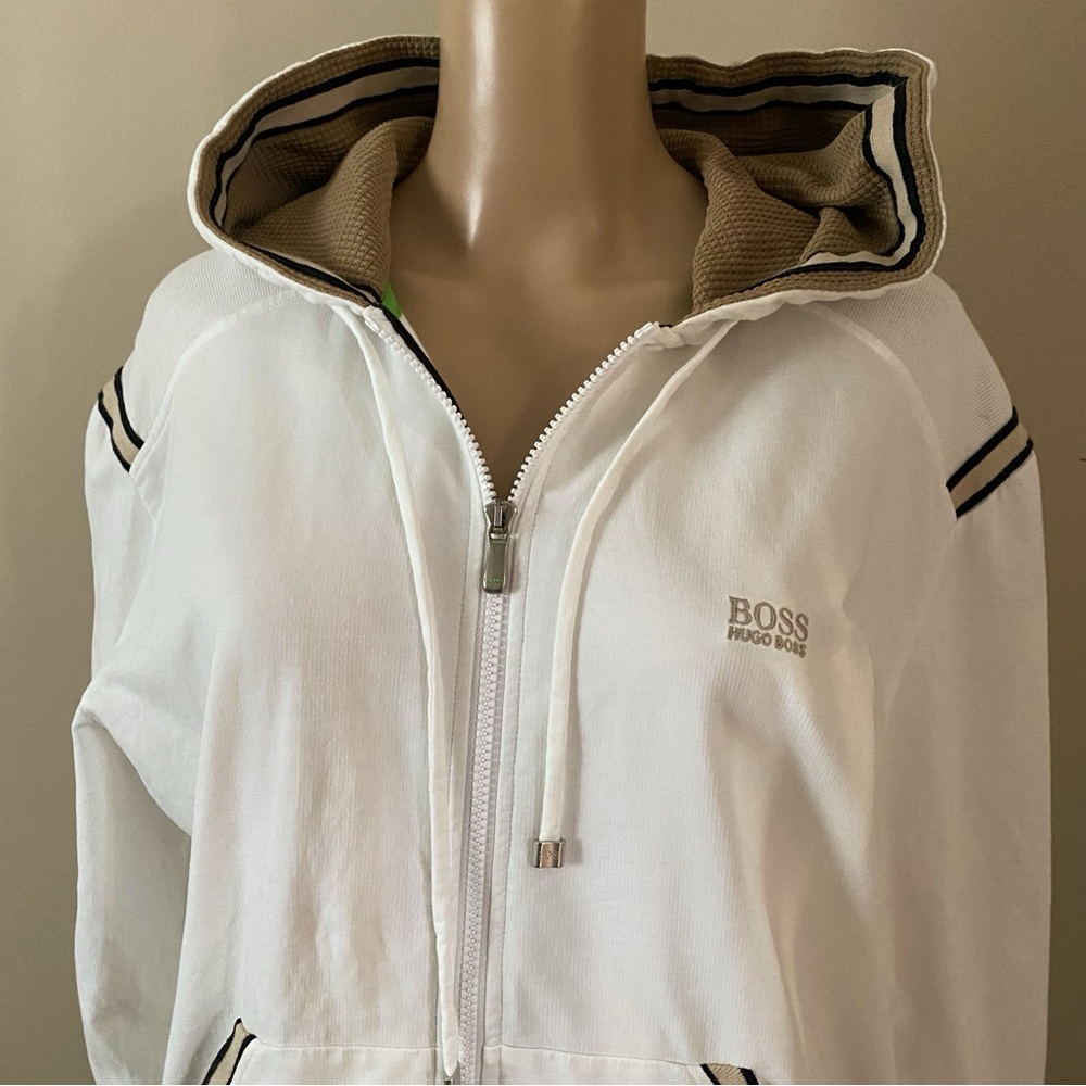 Hugo Boss embroiled stripped White Zip-Up Jacket, size large